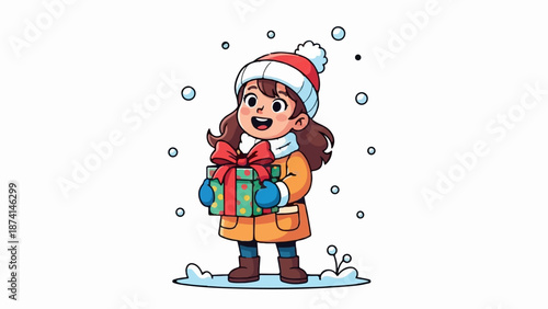 Smiling child in winter hat, coat, and mittens holds a gift box
