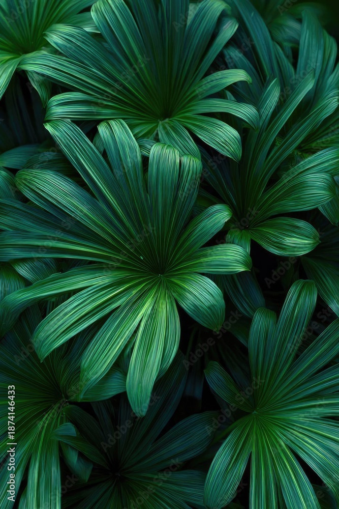 Fototapeta premium Close-up of lush tropical palm fronds with broad, fan-shaped green leaves overlapping to form dense foliage. Concept Close-up tropical palm fronds, Dense fan-shaped green leaves