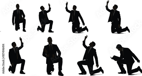 Silhouette collection of kneeling businessman in suit showing prayer, success, celebration and reflection gestures, isolated on white background, business concept, faith, motivation, victory poses