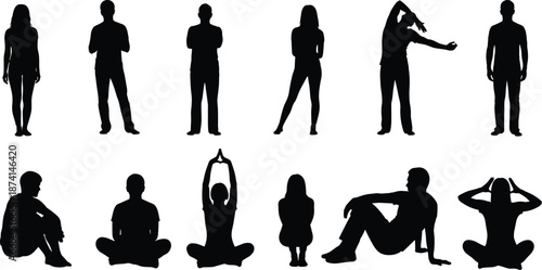 Silhouette set of people standing, sitting, walking and working poses, human activity collection isolated on white background, lifestyle, teamwork, motion, daily life conceptWeb