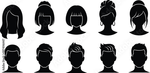 Female head silhouette collection with various hairstyles profile views isolated black vector illustration beauty fashion avatar design set