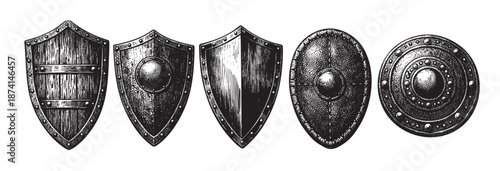 A striking black and white illustration showcases a diverse collection of five vintage shields, each with unique textures and designs, evoking a sense of history and warfare.