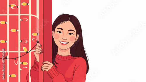Smiling person in red sweater peeking from behind a red panel with string lights