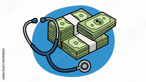 Stethoscope draped over stacks of cash on a blue oval