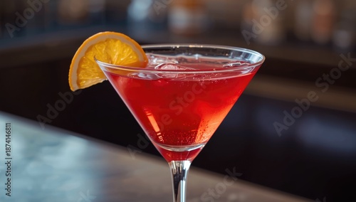 Glass of cosmopolitan cocktail with orange slice at bar setting, emphasizing drink artistry and garnishing techniques