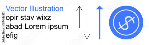 Currency exchange, financial trends, market analysis, trading, economic stability, business growth. Blue circle with dollar sign and arrows pointing up and down. Currency exchange and financial