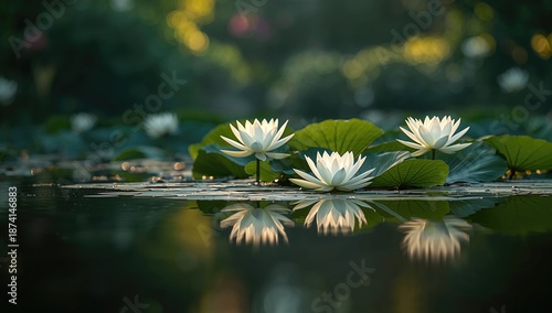 White lotus flowers in a pond with their reflection in water, seasonal aquatic plant preservation