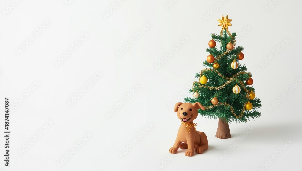 Naklejka premium Clay earth and dog models alongside a Christmas tree, festive scene emphasizing holiday crafting