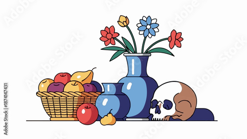 Still life with fruit basket, vases, flowers, and a skull