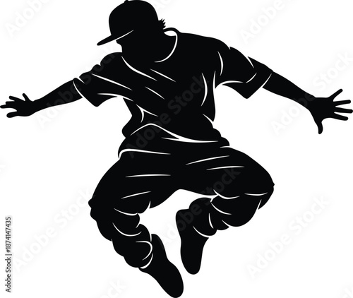 Hip hop dancer silhouette jumping dynamic street dance pose isolated black vector illustration urban music culture movement energy
