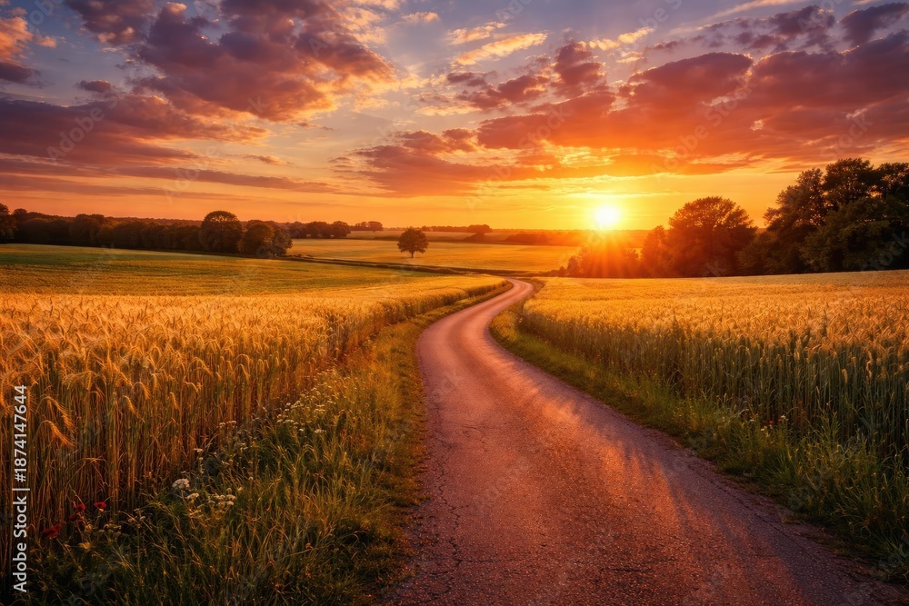 Fototapeta premium A rural sunset scene with a road snaking through wheat and rye fields