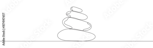 A continuous line drawing of a stack of three smooth, balanced stones, symbolizing balance, tranquility, and harmony