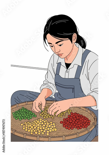 Woman sorting coffee beans on a traditional winnowing basket.
