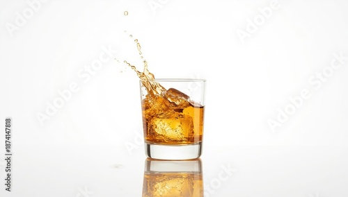 Brandy and whiskey with ice and splash effects on a white background focusing on beverage texture and color