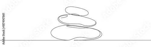 A continuous line drawing of a stack of three smooth, balanced stones, symbolizing balance, tranquility, and harmony