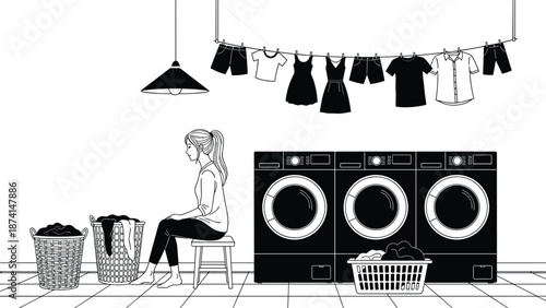 Laundry room silhouette illustration showing woman washing clothes with washing machines hanging garments household chores vector artwork isolated