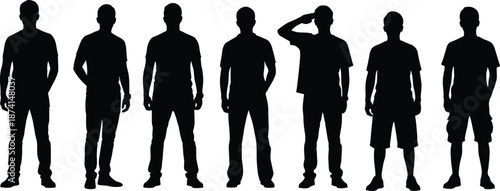 Male body silhouette set standing poses casual men figures isolated black vector illustration human posture fashion concept