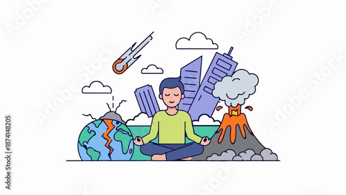 Person meditating amidst global disasters earthquake, asteroid, volcano, and city