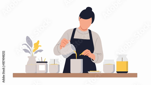 Person making candles, pouring wax into containers with plants nearby