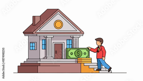 Person interacts with stacks of money outside a classic building with columns