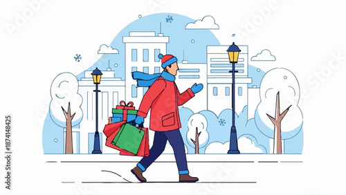 Person in winter attire carries shopping bags and gifts through a snowy city