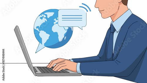 Person in suit typing on laptop with global communication icons
