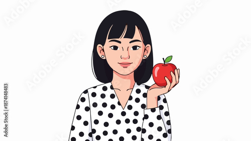 Person in polka dot shirt holding a red apple