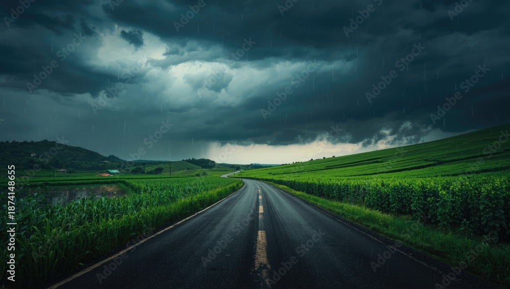 Fototapeta premium Stormy sky with dark rain clouds above farmland and country lane, highlighting weather patterns