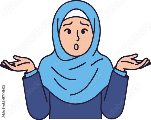 Person in hijab looking confused, hands raised in a gesture of unknowing