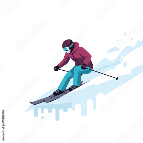 Skier gracefully descending a snowy slope with ski poles.
