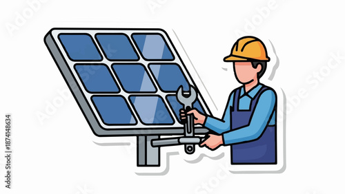 Person in hard hat with wrench works on solar panel