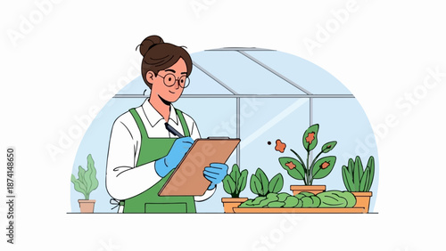 Person in greenhouse observing and taking notes on plants