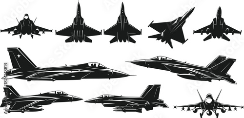 Military fighter jet silhouettes set modern combat aircraft collection isolated black vector illustration aviation defense design concept technology power security
