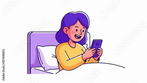 Person in bed with a purple headboard and pillow, happily using a mobile phone