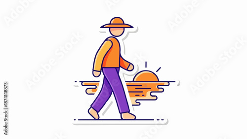 Person in a hat and orange shirt walks by a stylized sun and water
