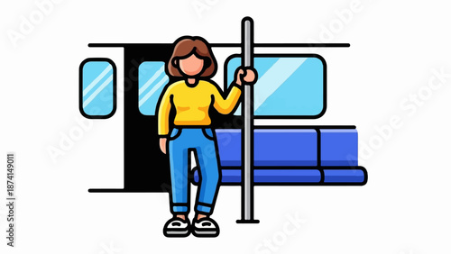 Person holding onto pole inside public transport, windows and seats visible