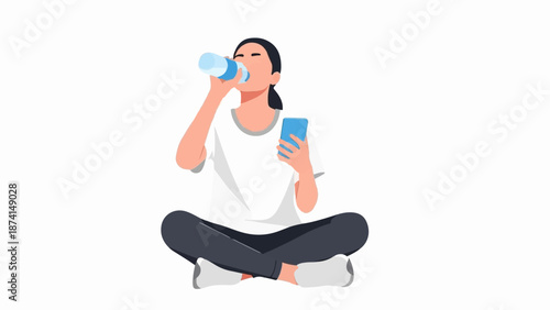 Person drinking water from bottle, holding phone, sitting cross-legged