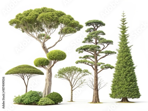 A collection of various sculpted trees and bushes isolated on white background