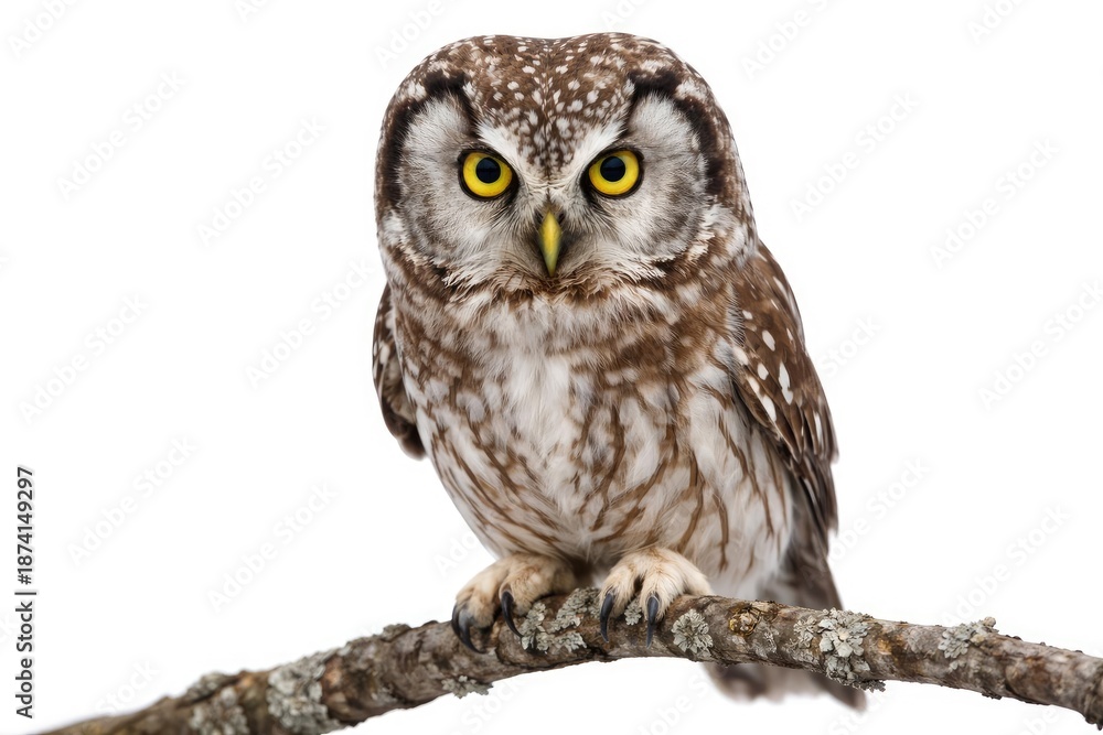 Obraz premium Intense focus of boreal owl standing on a branch with a white plain background
