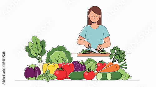 Person chopping fresh vegetables on a cutting board amidst a vibrant array of produce