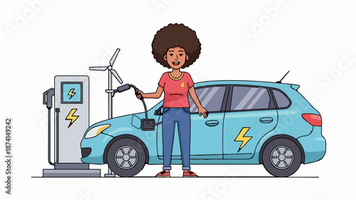 Person charges electric car at station powered by wind turbine