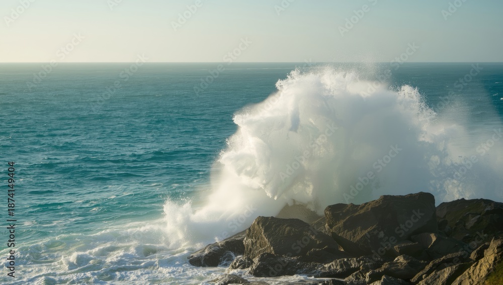 Obraz premium Sea waves hitting rocky outcrop, dynamic surf scene, erosion hazard awareness