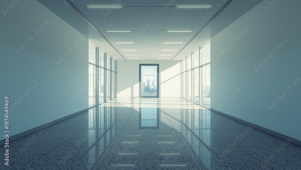 Fototapeta premium Office corridor illuminated by natural window light, focused on safety and cleanliness protocols