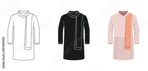 Traditional Panjabi Kurta Vector Illustration for Men Fashion, Eid Festival and South Asian Cultural Wear Design