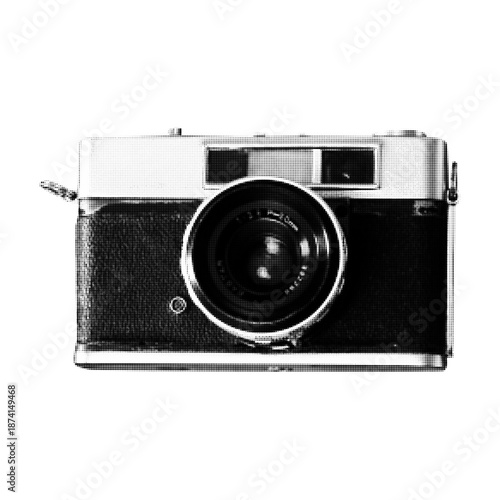 Halftone illustration of a vintage film camera isolated on white background. Retro photography equipment concept for analog shooting, classic design, optics, and visual storytelling.