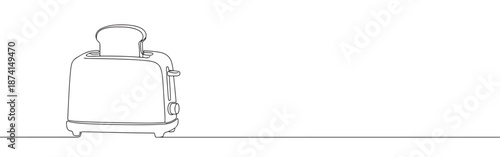 A continuous line drawing of a toaster with a piece of bread, symbolizing breakfast, convenience, and home appliances