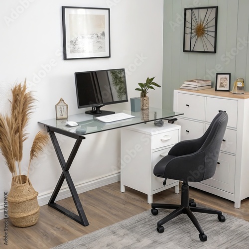 Modern home office setup with glass desk, computer, and stylish chair