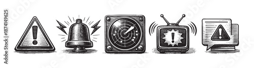 A collection of vintage-style black and white icons representing alerts, warnings, and notifications including a sign, bell, radar, television, and speech bubble with an exclamation mark.