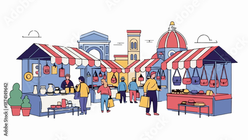 People shop at a vibrant outdoor market with stalls selling bags and ceramics