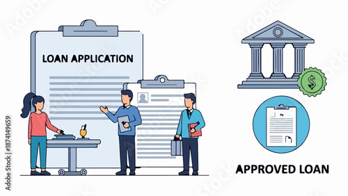 People reviewing loan application, bank, and approved loan document